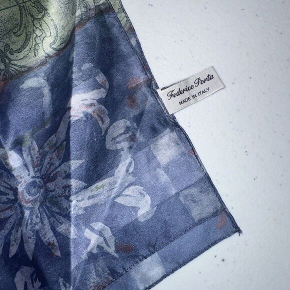 Federico Porta Women’s Floral Checker Scarf Blue Green 62x15 - Picture 3 of 4